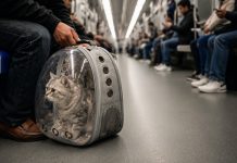 Metro de Quito: Conoce horarios y requisitos para viajar con mascotas Perro y gato pequeños en contenedores rígidos (kennel y mochila transportadora) dentro de un tren del Metro de Quito, con sus tutores de pie en el primer vagón.